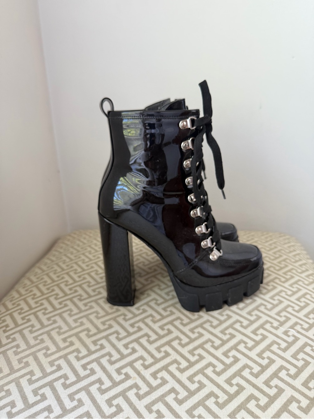 Patent Black Lace-Up Platform Ankle Boots with Chunky Heel